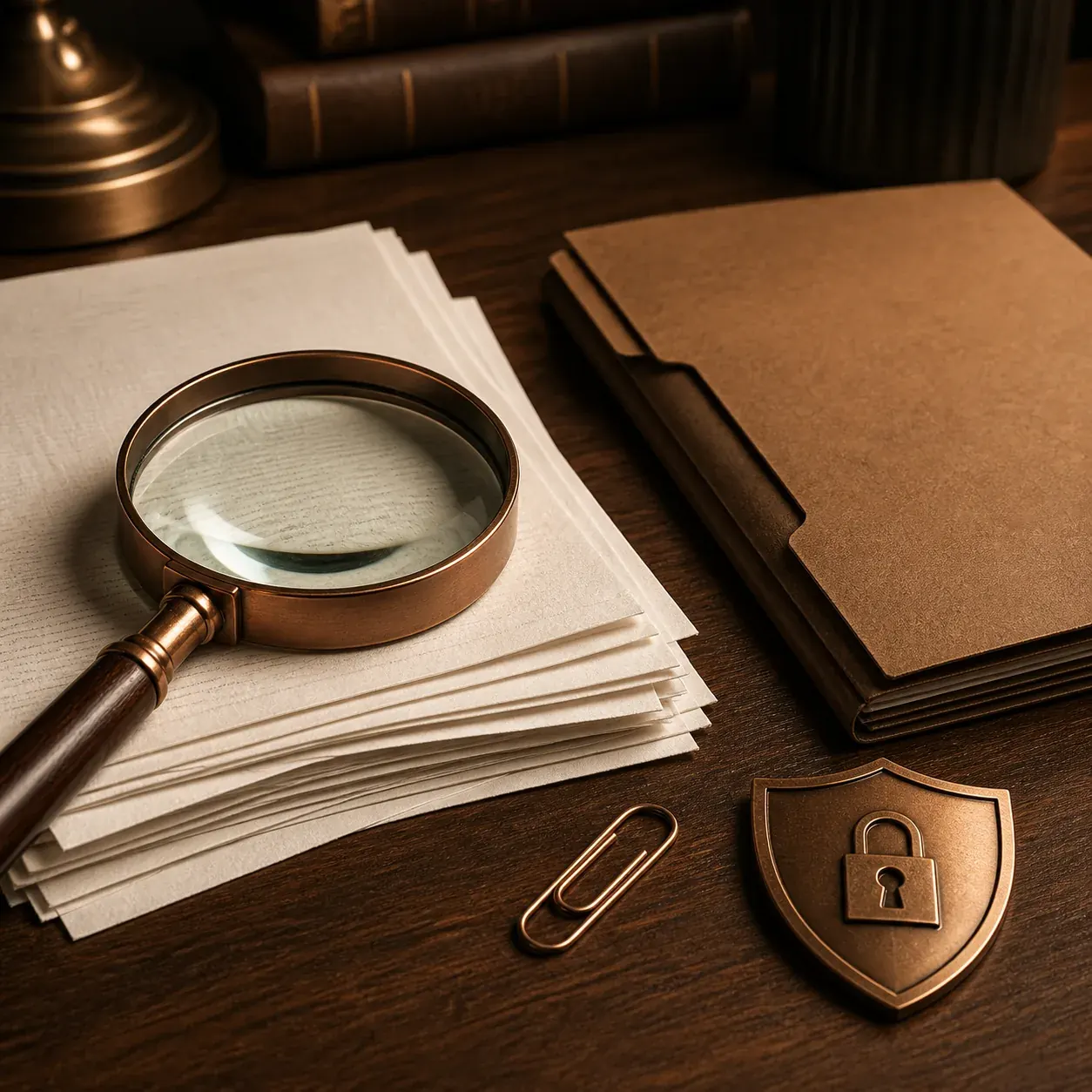 Editorial desk scene showing a magnifying glass, document stack, attachment, and privacy shield