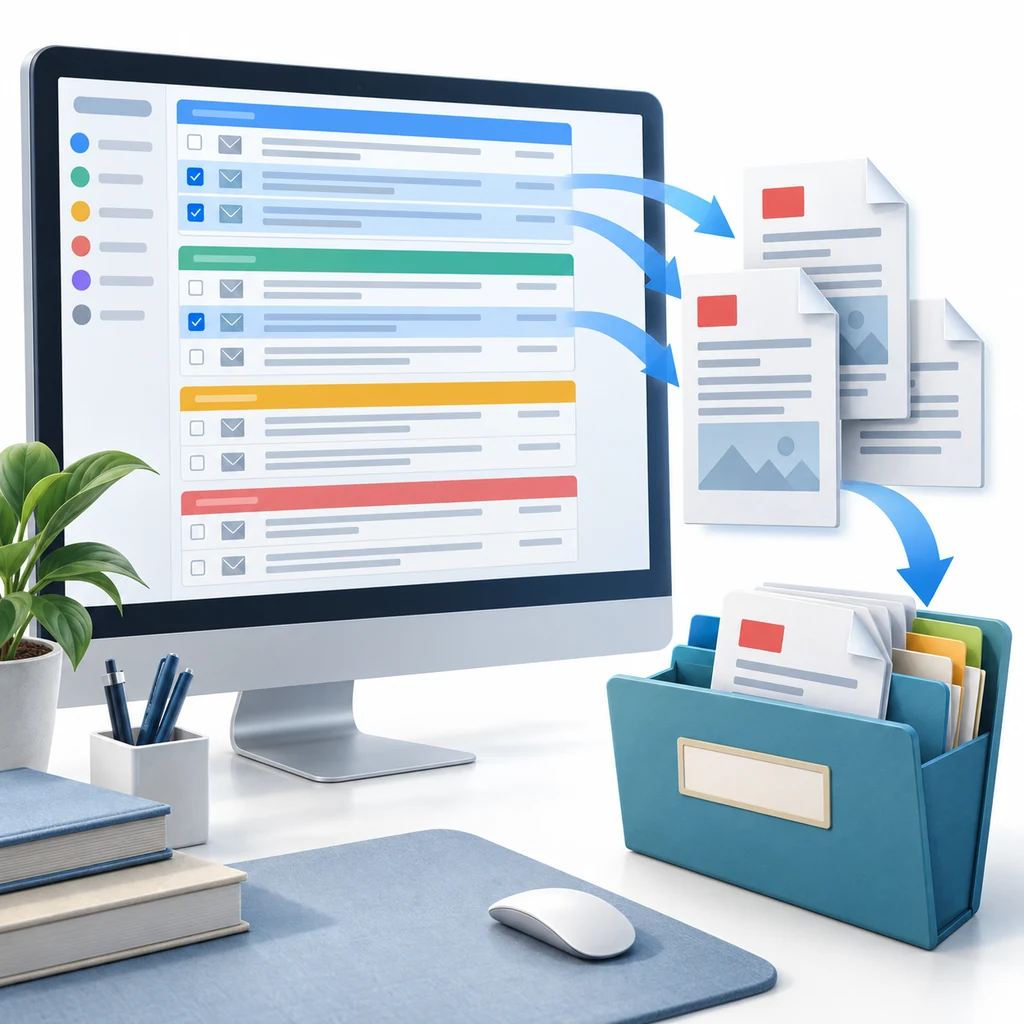 Ilustración conceptual de grupos de etiquetas de Gmail convertidos en registros PDF organizados