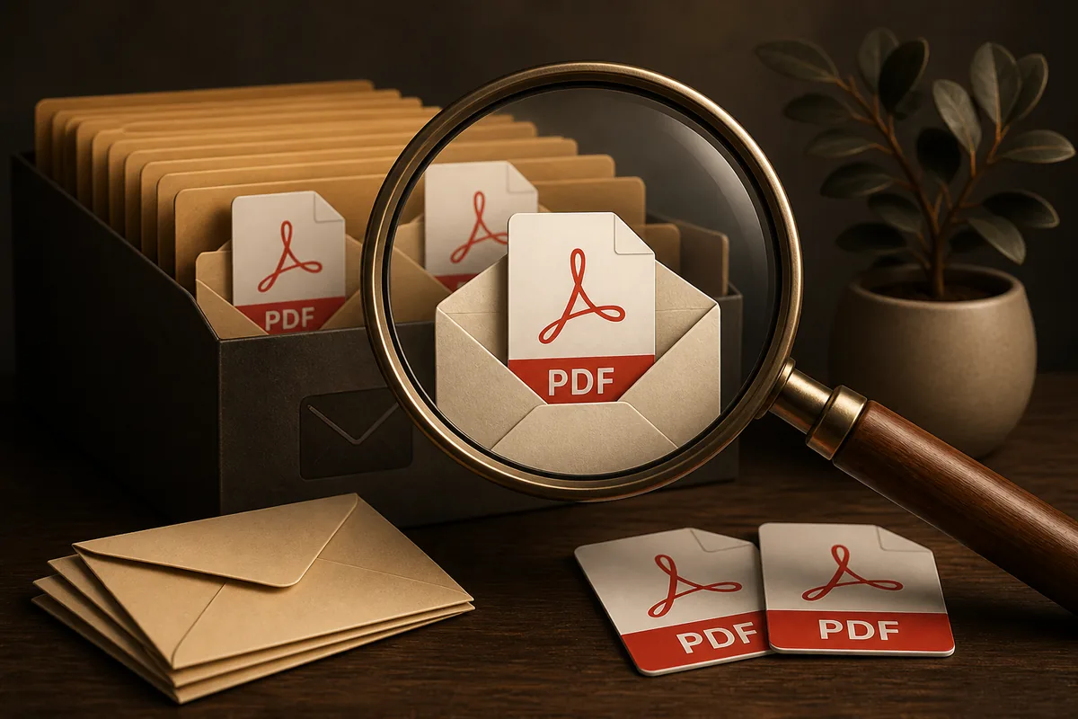 Magnifying glass over email envelopes and PDF documents representing a search for Gmail attachments