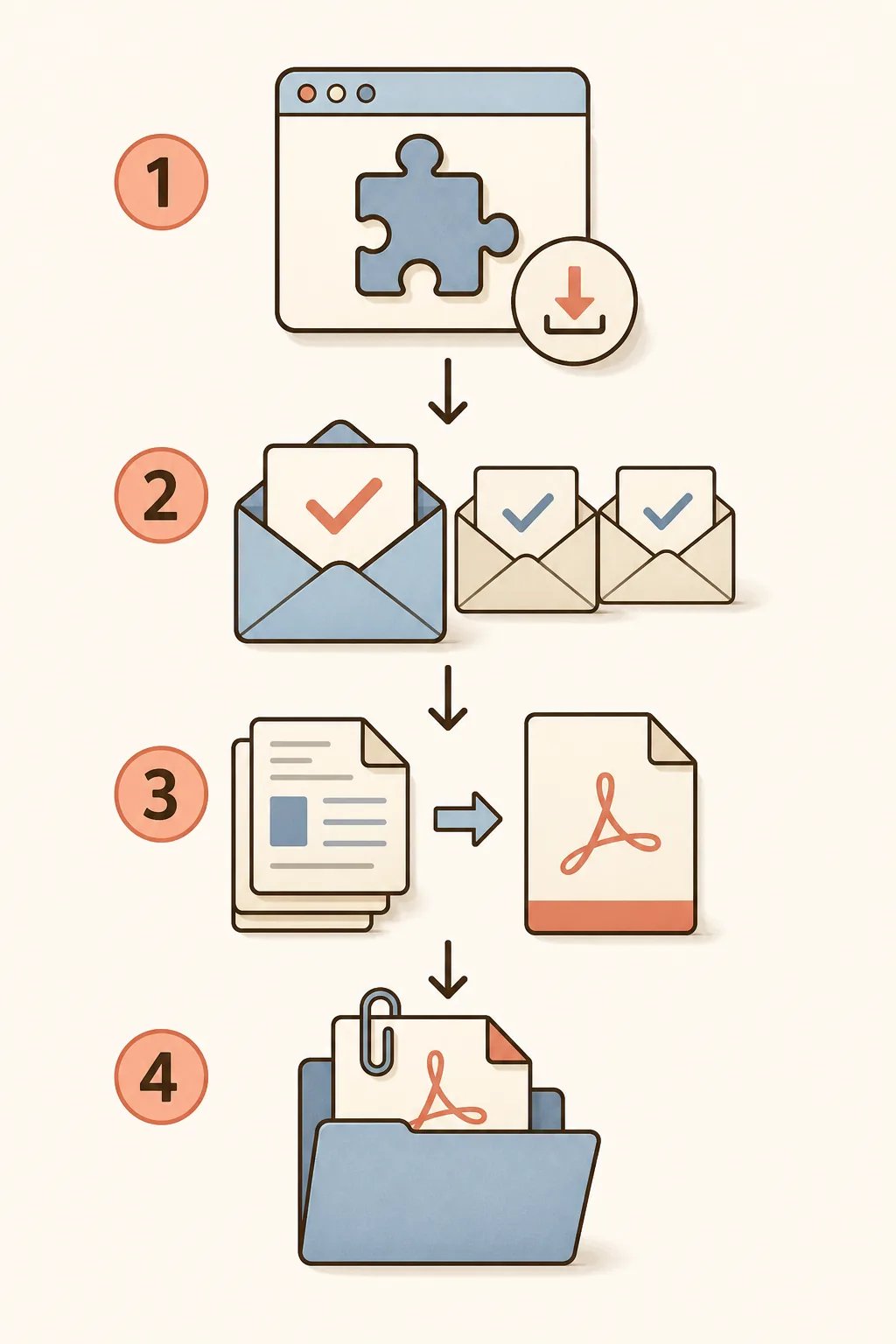 Four-step illustration showing extension installation, Gmail selection, PDF creation, and attachment review